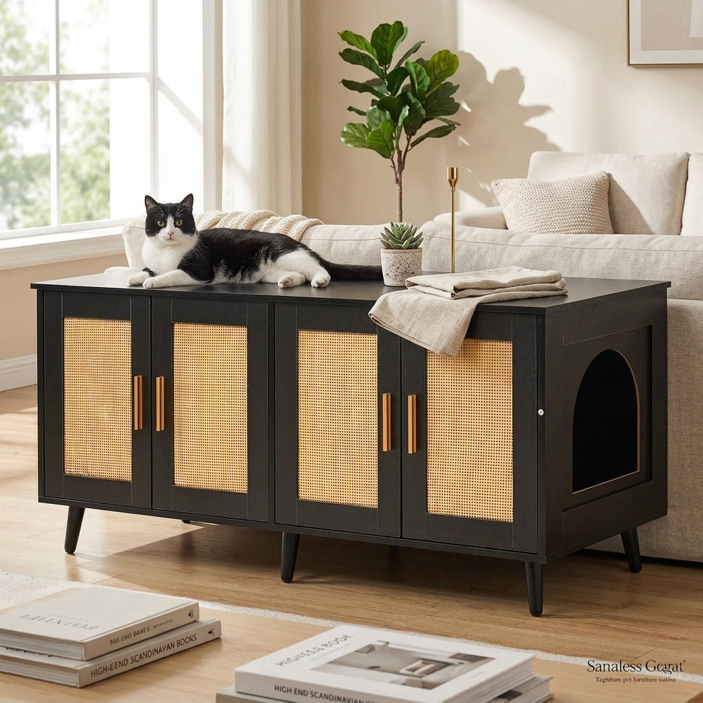 A black cat condo cabinet with woven cane doors, shown on a white background with an black and white cat lying on top next to flowers and linens.