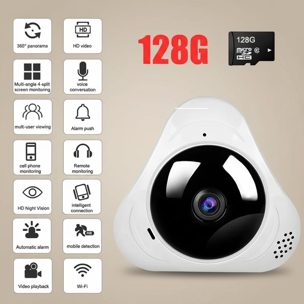White security camera with features listed on a white background