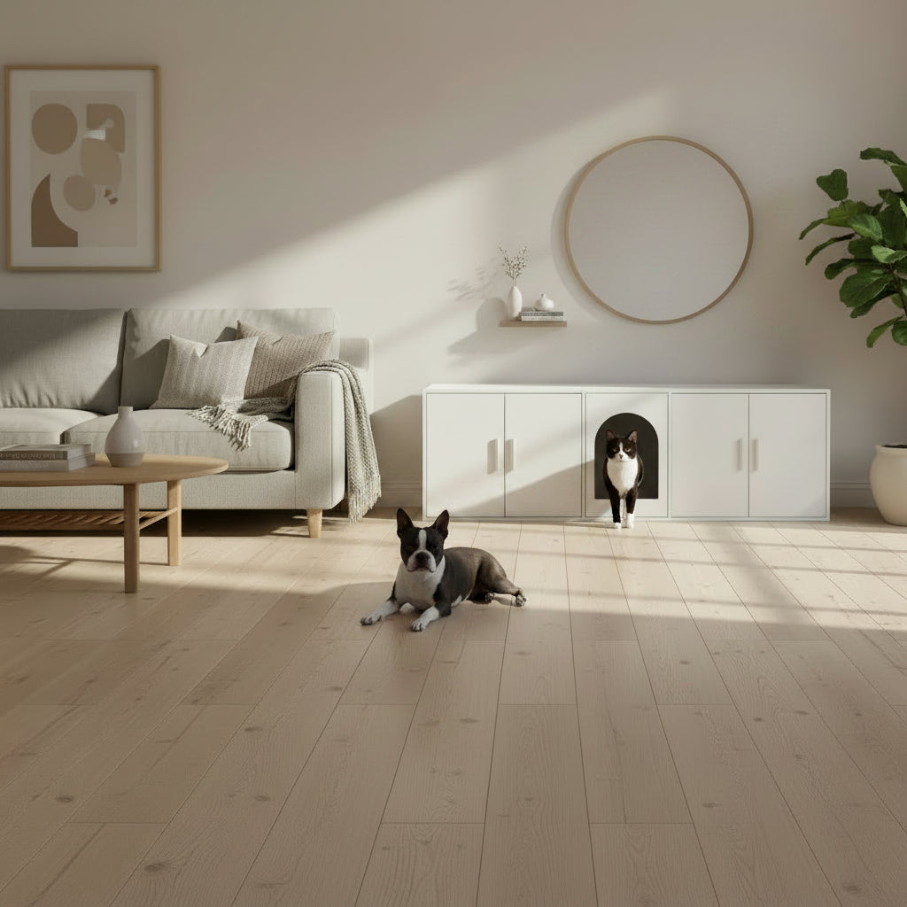 White cabinet with a pet door, cat inside, dog laying on floor and a plant on a wooden floor.