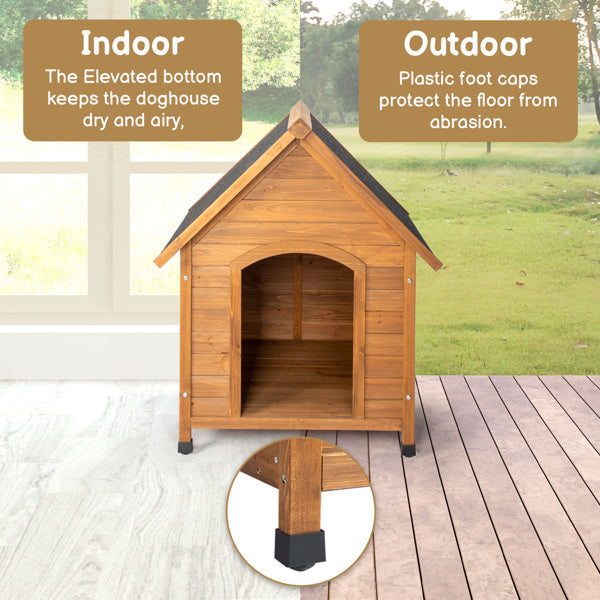 Outdoor Dog House - Waterproof Asphalt Roof Elevated Fir Wood Pet Shelter with Smart Rainwater Diversion