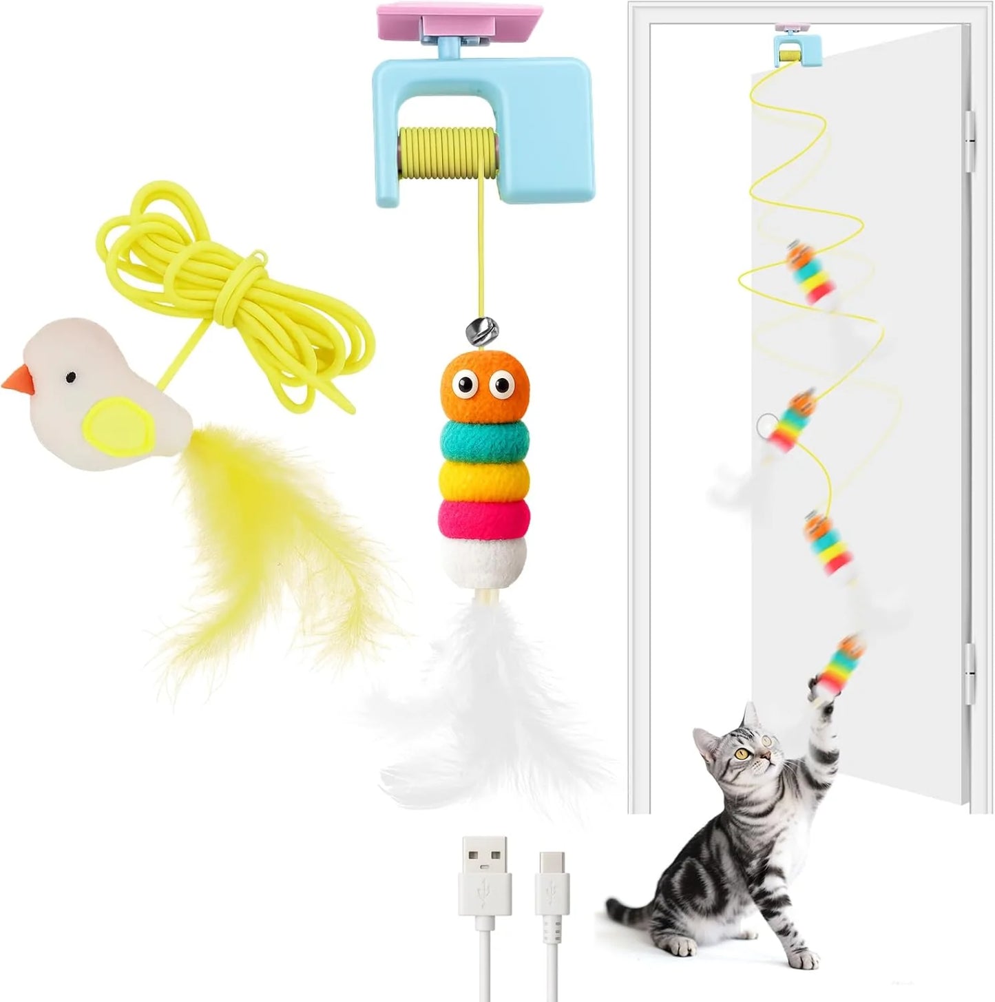 Interactive Cat Toys for Indoor Cats,Automatic Cat Hanging Toys for Bored Indoor Adult Cats, Caterpillar and Flying Bird Toy for Door Frame, Self-Play Pet Chase Toy-Blue