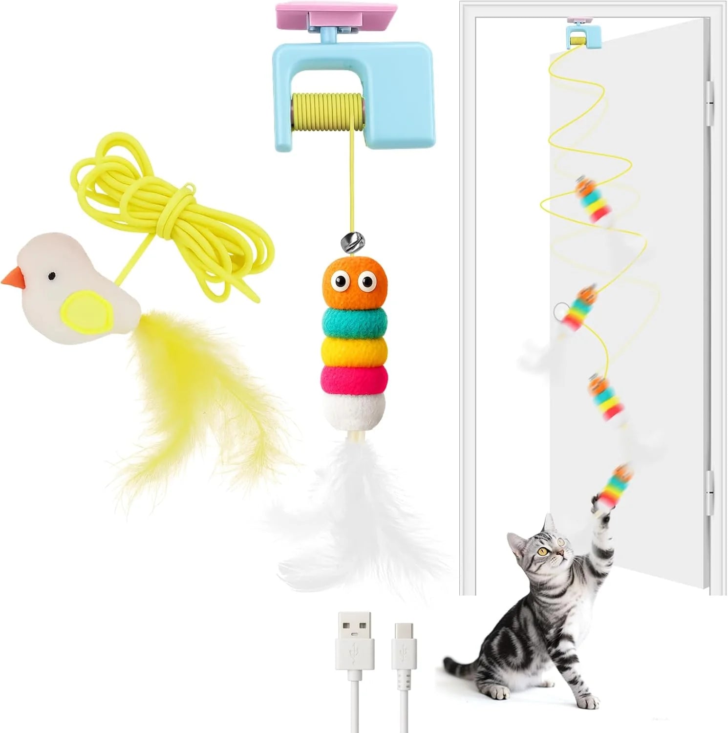 Interactive Cat Toys for Indoor Cats,Automatic Cat Hanging Toys for Bored Indoor Adult Cats, Caterpillar and Flying Bird Toy for Door Frame, Self-Play Pet Chase Toy-Blue