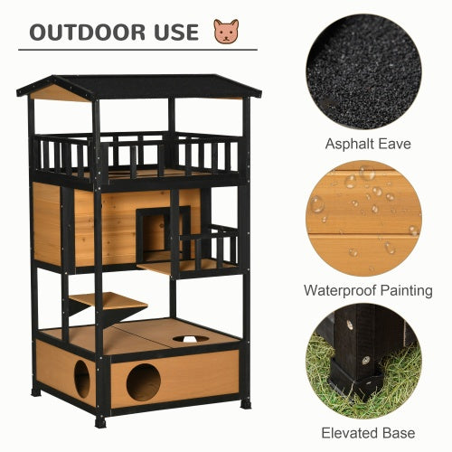 PawHut Wooden Outdoor Cat House | Multi-Level Wild Cat Sanctuary | Asphalt Roof & Escape Door, Yellow