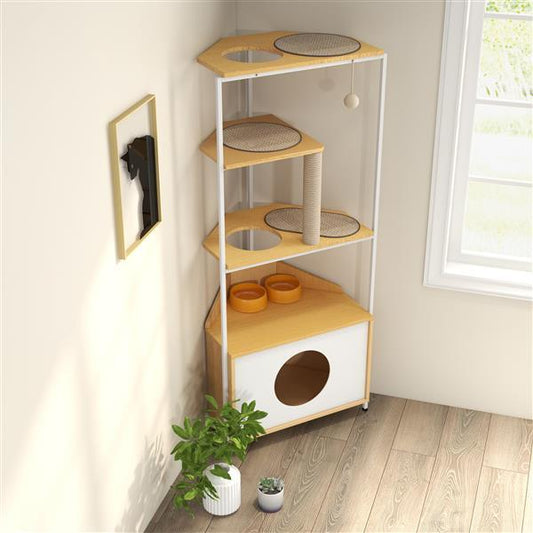 Corner Cat Tower - Space-Saving Multi-Level Cat Tree with Scratching Post, Cabinet & Anti-Tip Safety Kit for Apartments