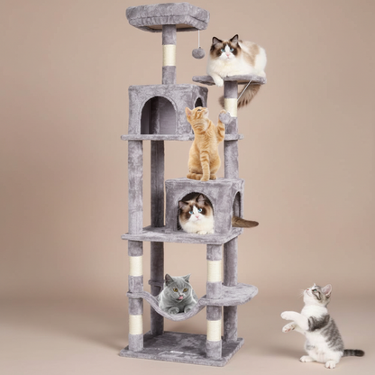 Cat tree with multiple cats on a beige background