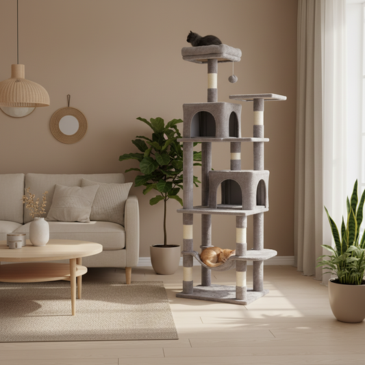 Cat tree with multiple cats in a living room.