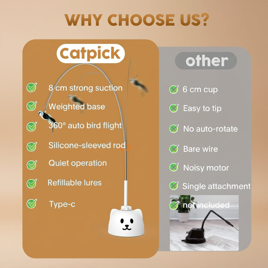 Comparison chart of Catpick bird feeder with other options on a wooden surface.
