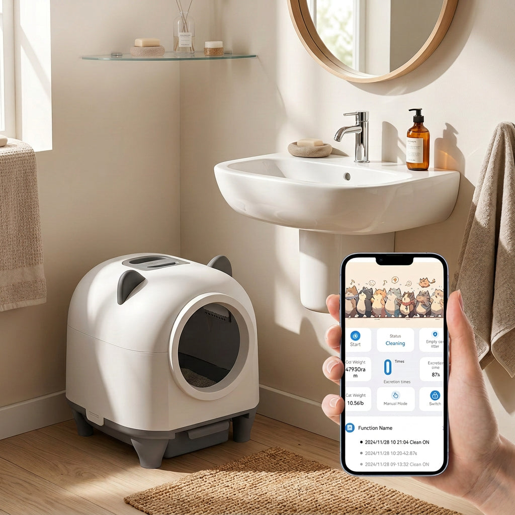 Smart cat litter box with Tuya app on smartphone in a bathroom setting.