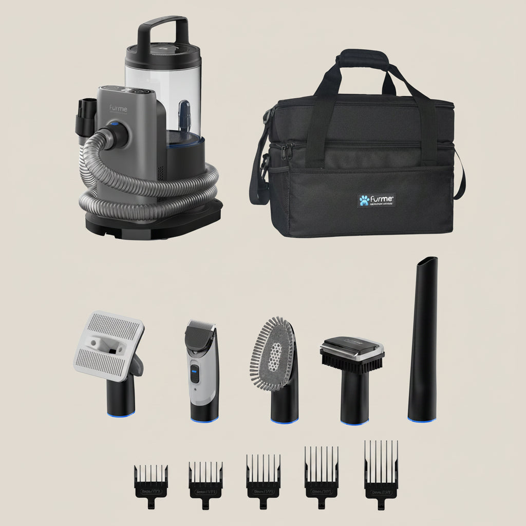 Furme grooming kit with vacuum, bag, and various attachments on a beige background