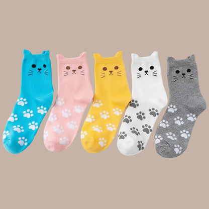 5 Pairs of Women'S Crew Socks with Cat Patterns, Cute, Unique, Fun, Comfortable, Moisture-Wicking