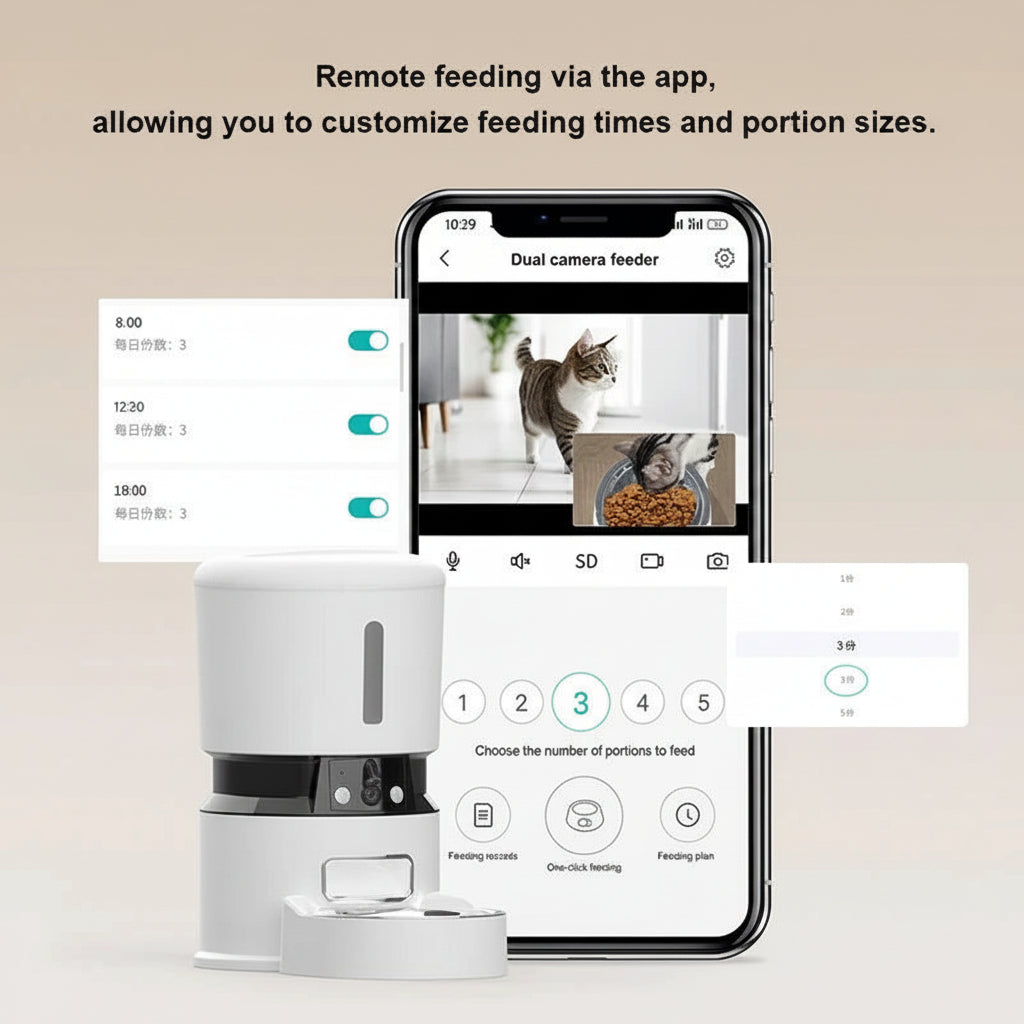 Smart pet feeder with remote control app on smartphone displaying dual camera feed and feeding options.