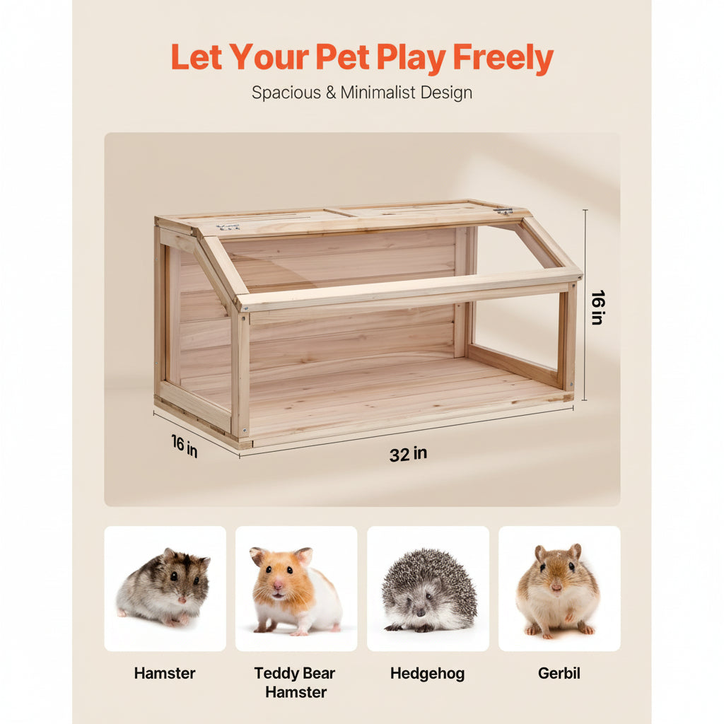 Wooden pet playpen with dimensions and small animals for scale on a white background