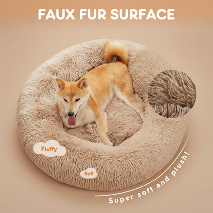 Dog lying on a fluffy faux fur surface with text highlighting its softness.