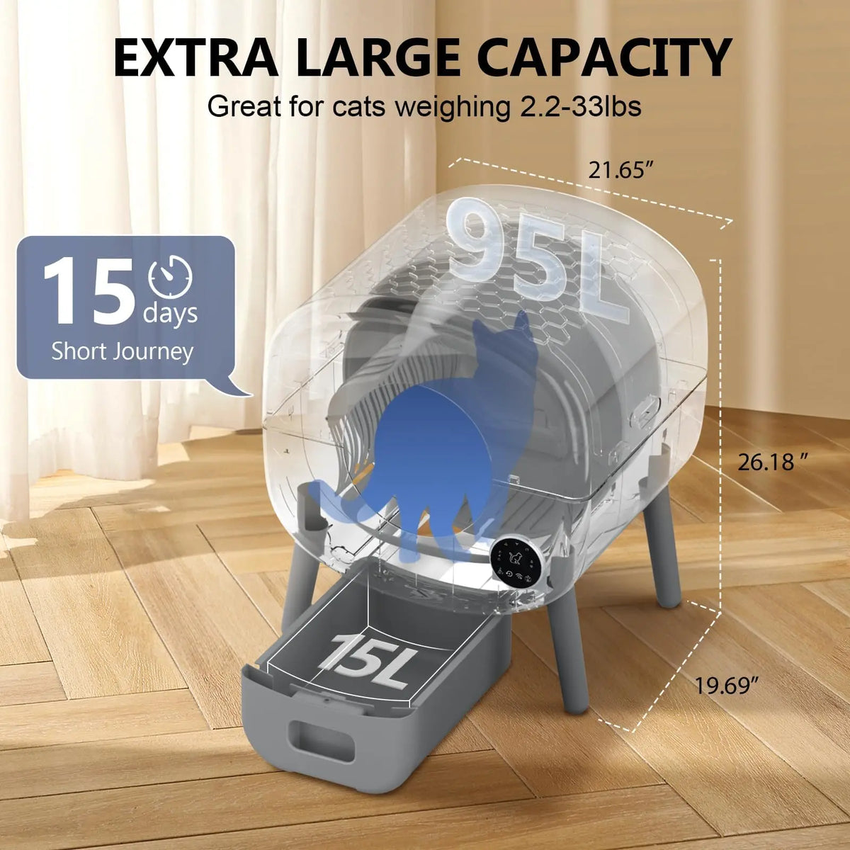 Enclosed cat litter box with capacity details on a wooden floor