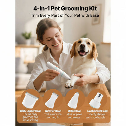 Woman using a 4-in-1 pet grooming kit with a dog in a home setting.