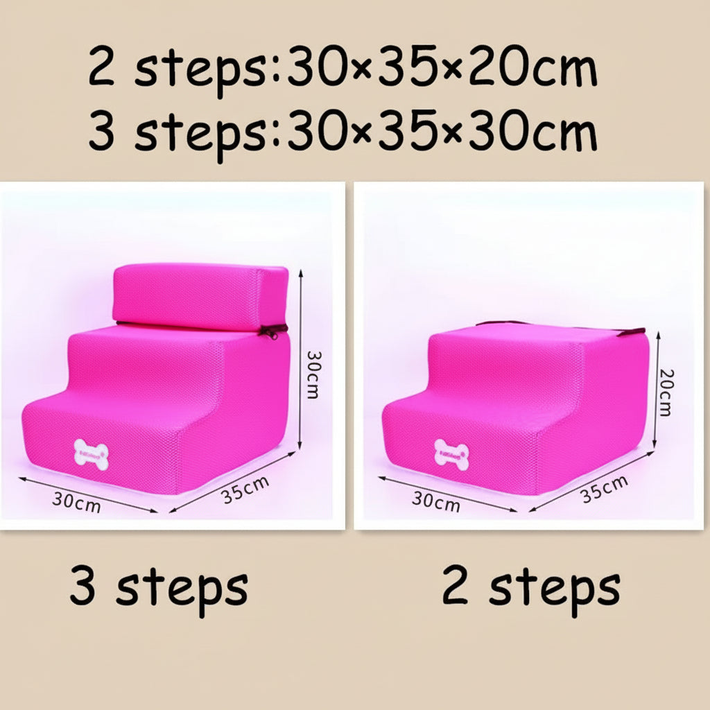 Pink pet steps with dimensions labeled on a white background