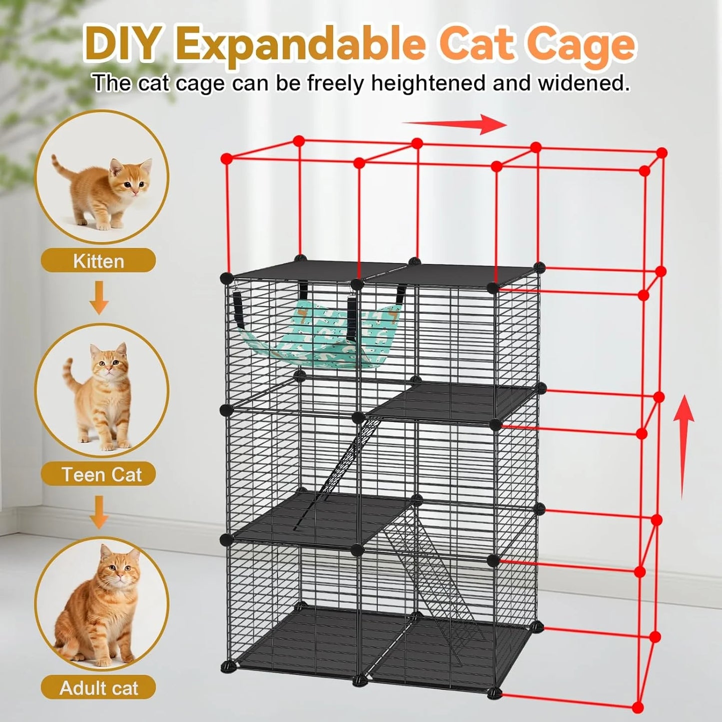 Cat Cage, 3-Tier DIY Catio Cat Enclosures, 24" X 16" X 36" Cat Playpen Indoor & Outdoor with Hammock, Detachable Metal Wire Kennel Cats Crate, 2X1X3 Exercise Place for 1-2 Cats/Kitten