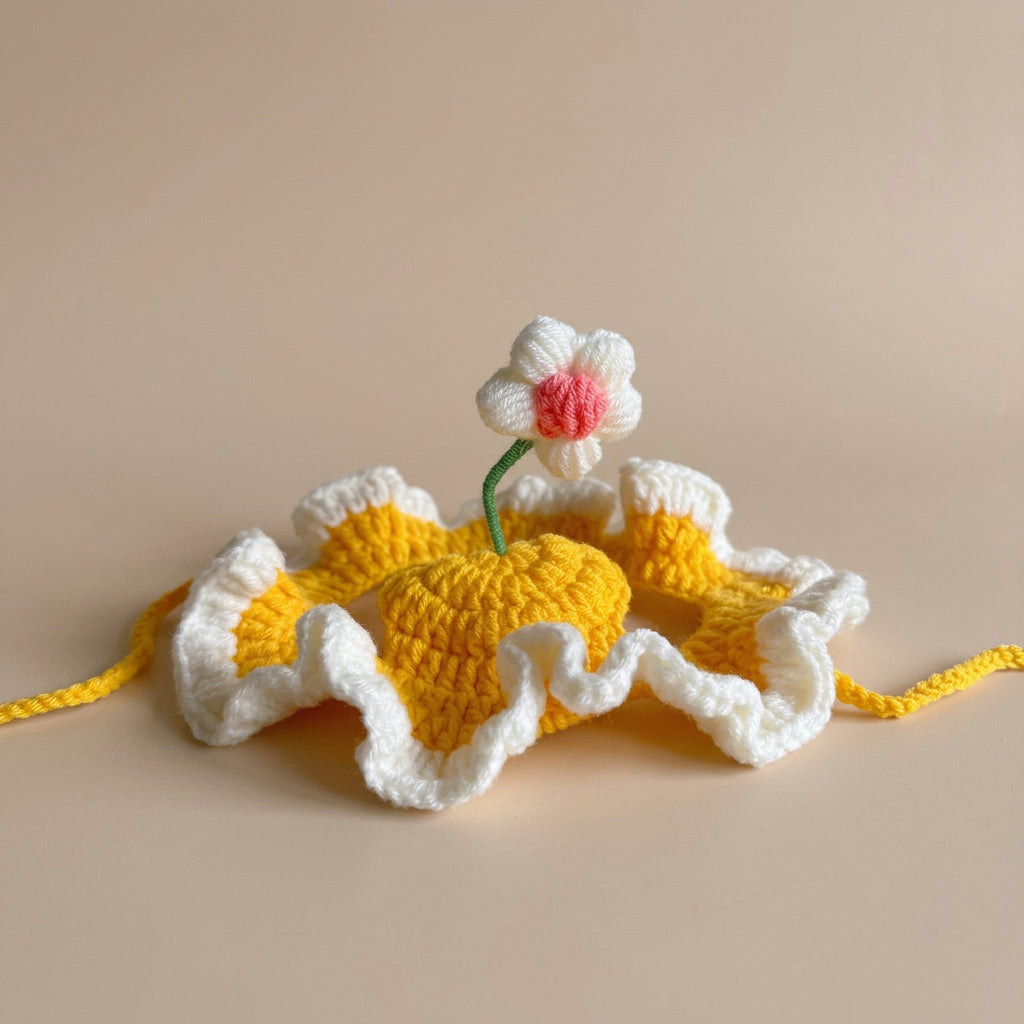 Crocheted yellow and white flower with a pink center on a light gray background