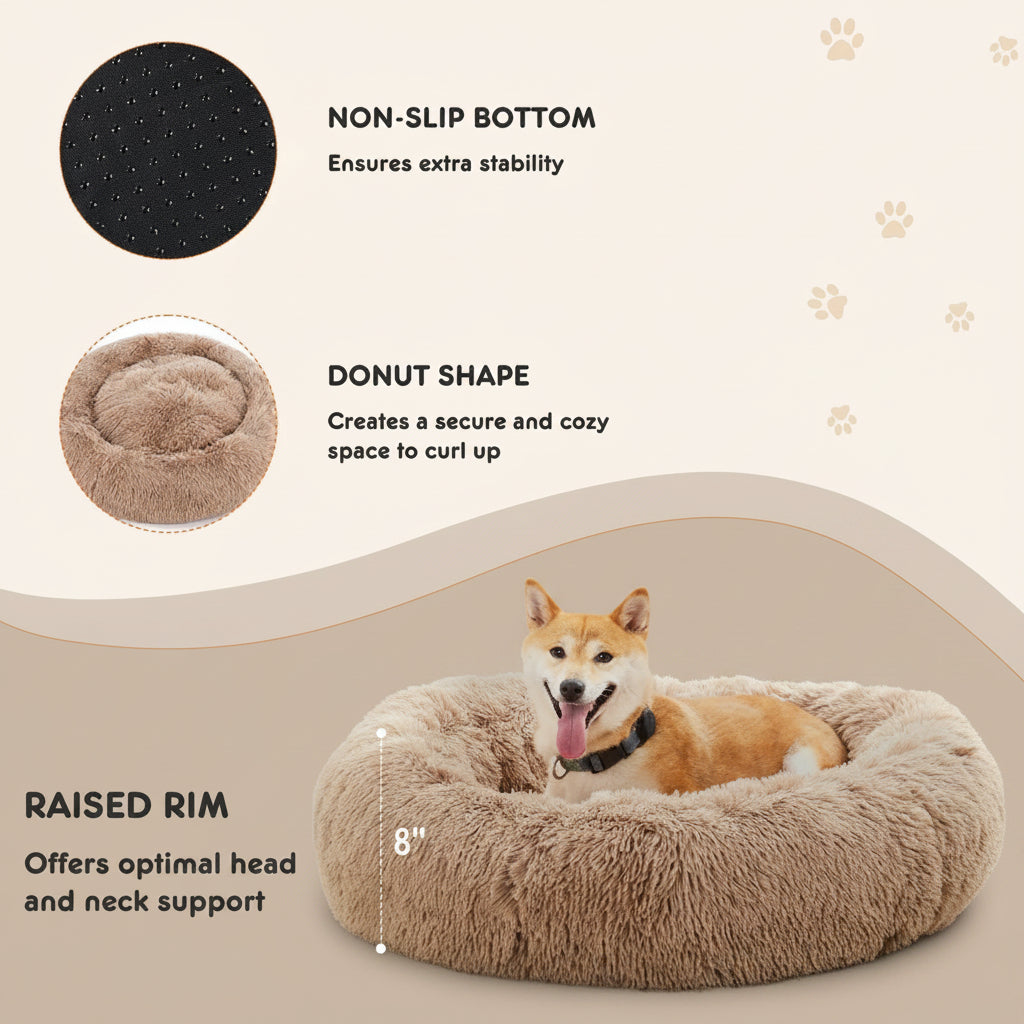 Dog lying on a donut-shaped pet bed with features highlighted on a white background.