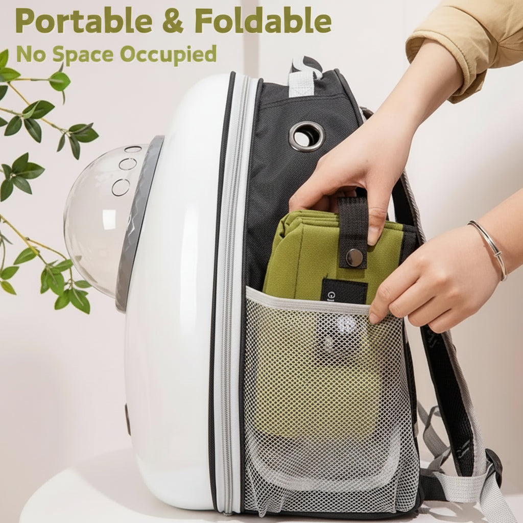 Foldable bag with a hand holding it, labeled as portable and foldable.