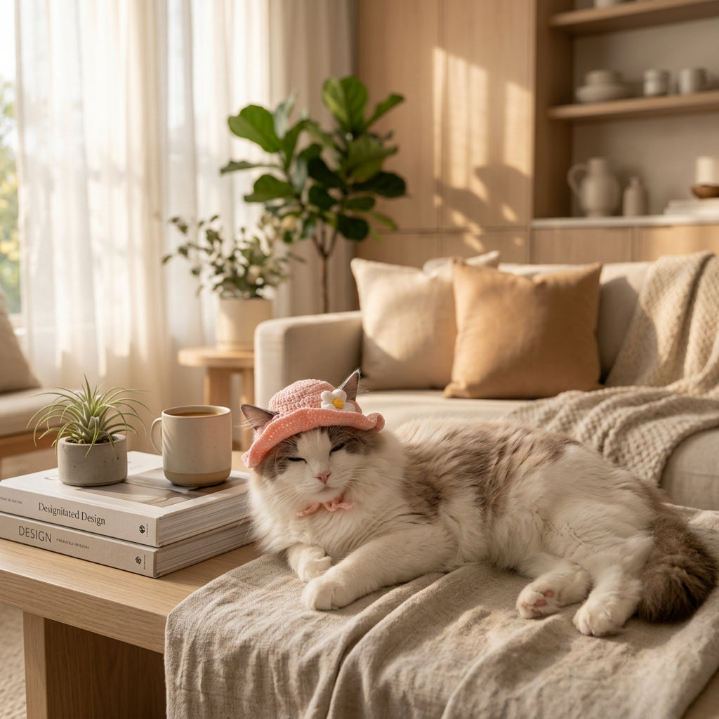 A fluffy white and gray cat wearing a pink crocheted sun hat with a small white flower and yellow center, lying down in a indoor setting.