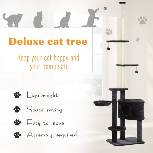 Deluxe cat tree with text highlighting features on a white background