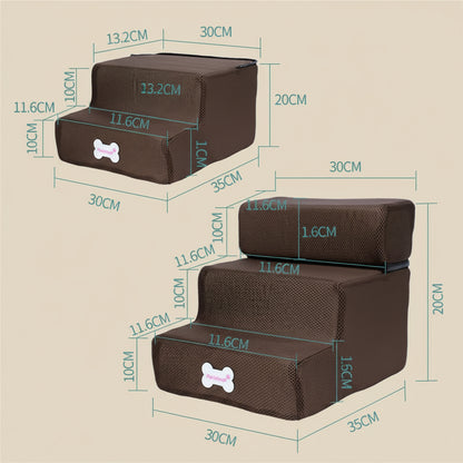 Brown pet step with dimensions labeled on a beige background
