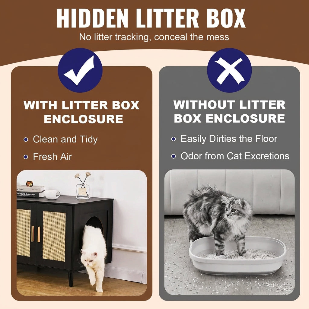 Comparison of a hidden litter box with and without an enclosure, showing benefits and drawbacks.