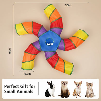 Colorful pet toy tunnel with dimensions on a neutral background, labeled as a perfect gift for small animals.
