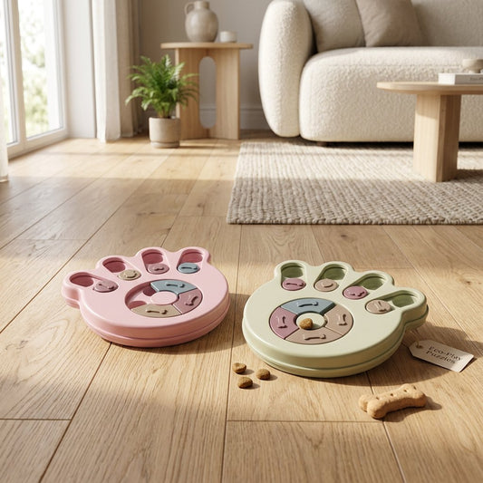 Two paw-shaped fidget toys on a wood floor surface in a living room