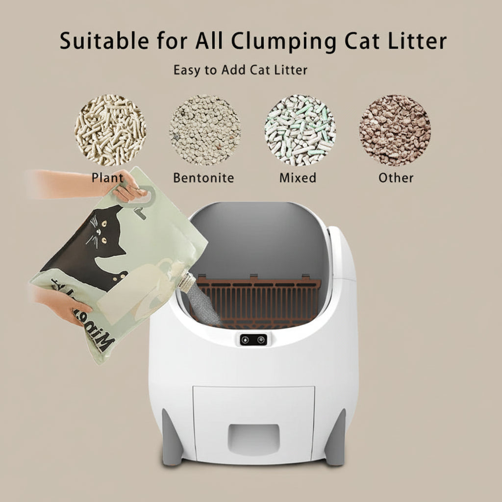 Cat litter box with a bag of cat litter and text indicating suitability for various types of clumping cat litters.