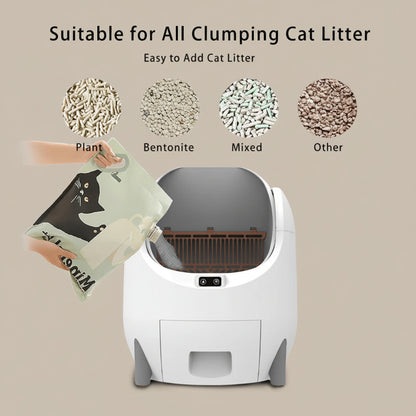 Cat litter box with a bag of cat litter and text indicating suitability for various types of clumping cat litters.