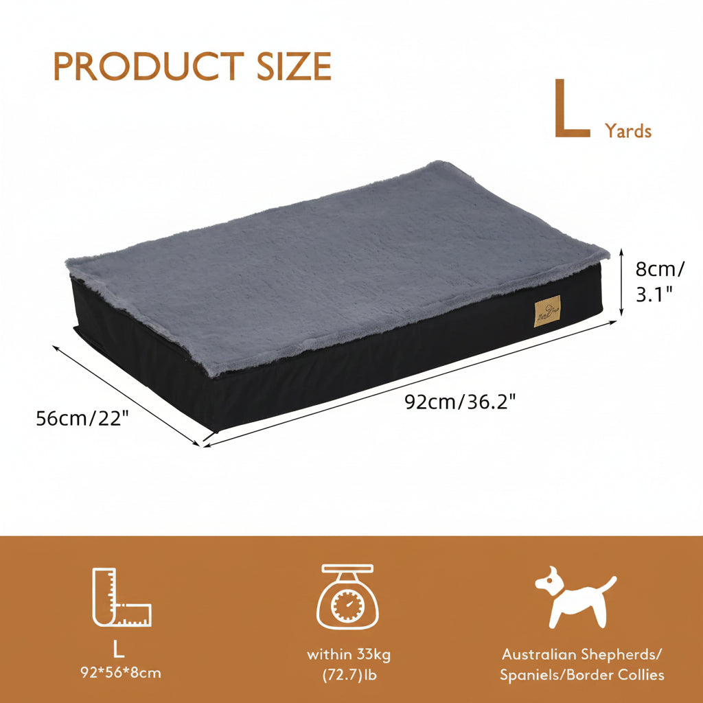 Dog bed with dimensions and weight capacity information on a white background