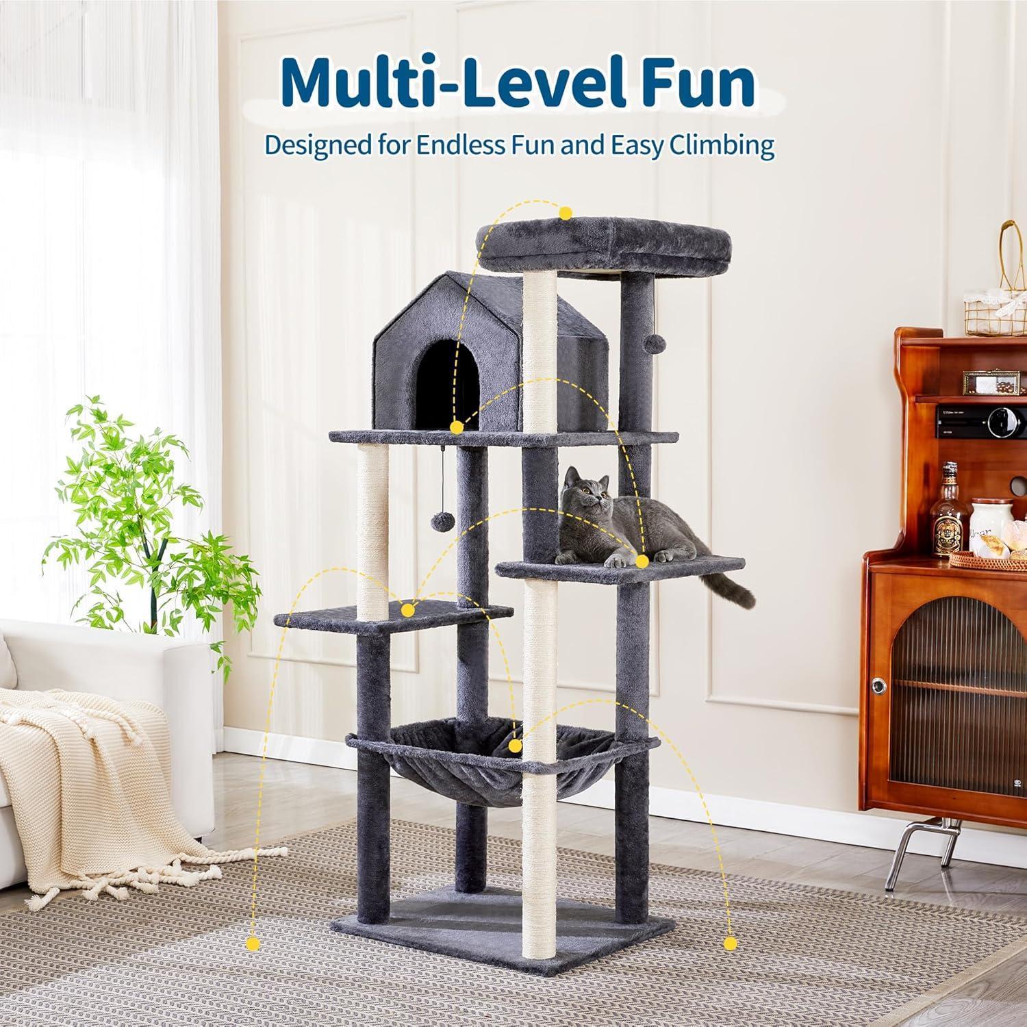 Cat tree with multiple levels in a living room setting, featuring text 'Multi-Level Fun'.