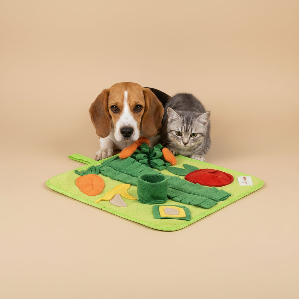 Cat and Dog green garden design felt play mat with food-shaped toys on a beige background