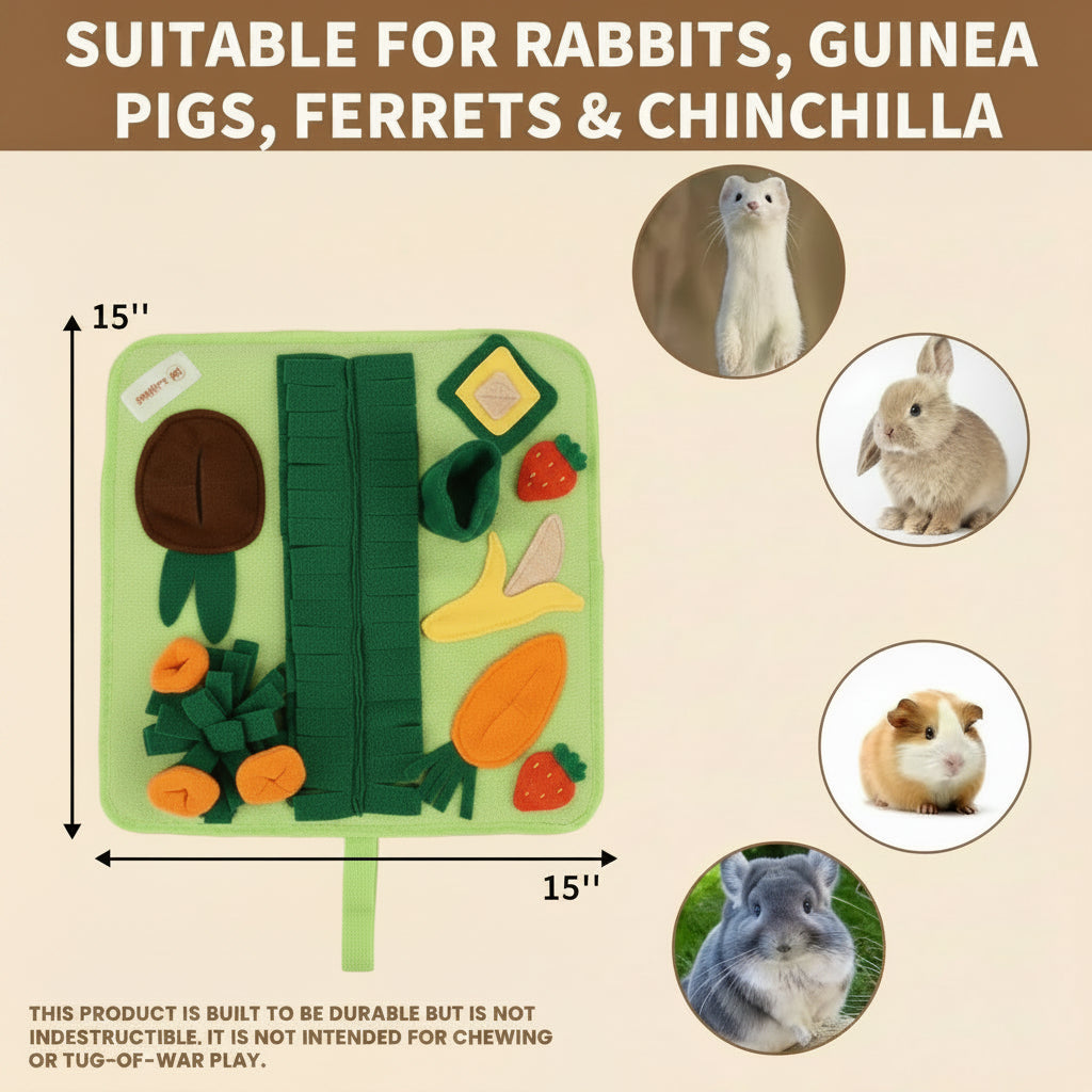 Pet toy suitable for rabbits, guinea pigs, ferrets, and chinchillas with dimensions and animal illustrations.