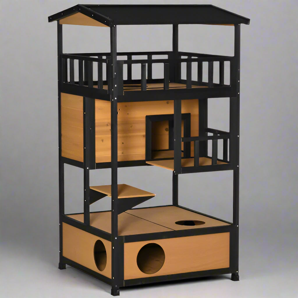 PawHut Wooden Outdoor Cat House | Multi-Level Wild Cat Sanctuary | Asphalt Roof & Escape Door, Yellow