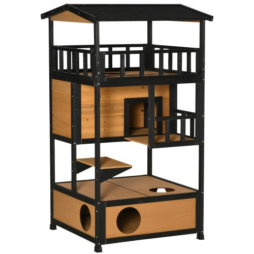 PawHut Wooden Outdoor Cat House | Multi-Level Wild Cat Sanctuary | Asphalt Roof & Escape Door, Yellow