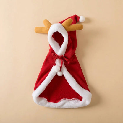 Red dog coat with white trim and reindeer antlers on a light tan background