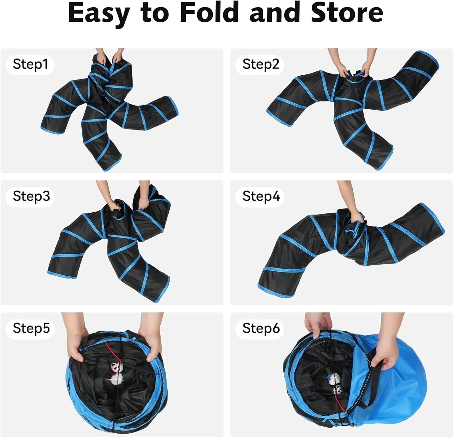Step-by-step guide on how to fold and store a product, with text 'Easy to Fold and Store'.