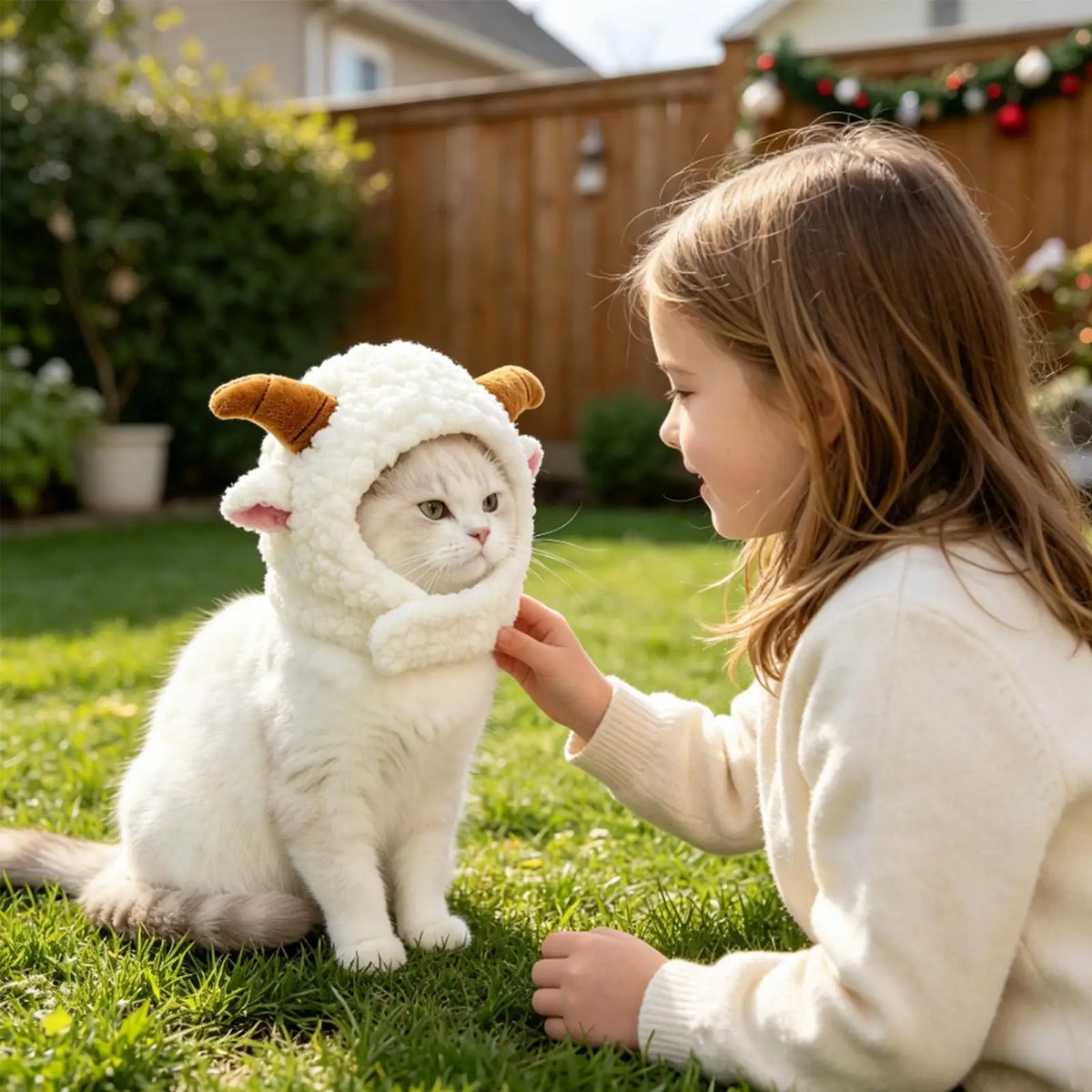 A white cat wearing a fluffy white sheep costume with brown horns sits on a green lawn while a young girl in a cream sweater gently pets it. A wooden fence and garden are visible in the background.