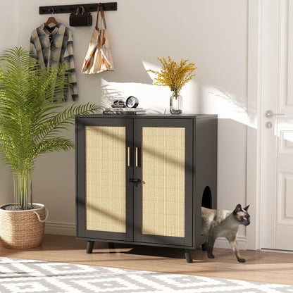 Modern Cat Litter Box Enclosure with Lock and Sisal Door