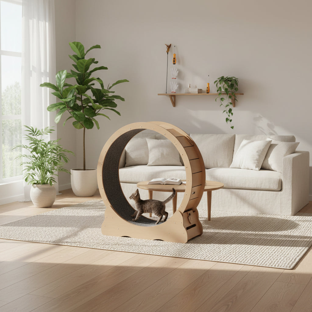 Cat playing with a wooden exercise wheel on a beige living room setting.
