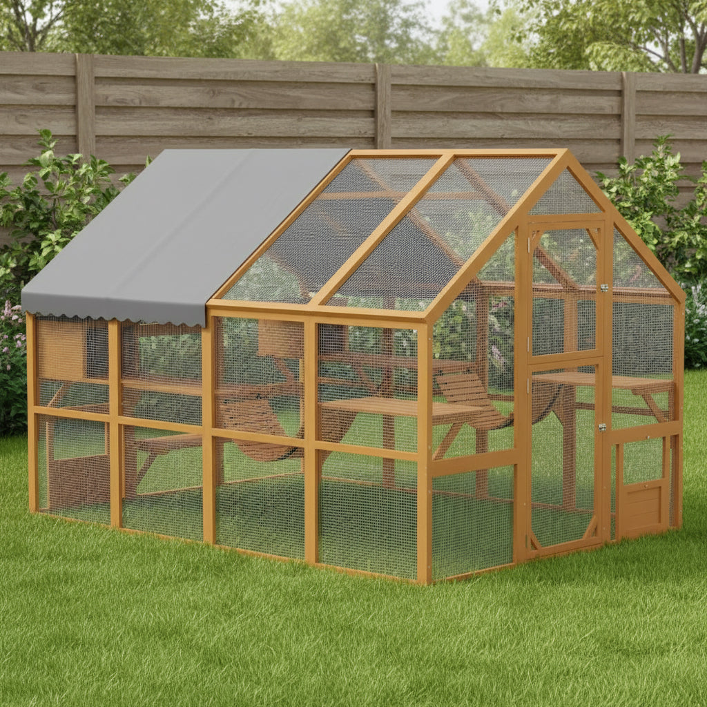 Large Catio Outdoor Cat Enclosure for Multiple Kittens, Wooden Cat House with Waterproof Cover, Walk in Kitty Cage Kennel With