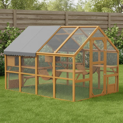 Large Catio Outdoor Cat Enclosure for Multiple Kittens, Wooden Cat House with Waterproof Cover, Walk in Kitty Cage Kennel With