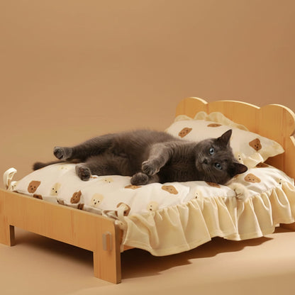 Cat Bed Wooden Cat and Dog Bed with Teddy Bear Pattern Indoor Pet Furniture Floor to Ceiling Bed(20*11Inch)Comfortable Durable