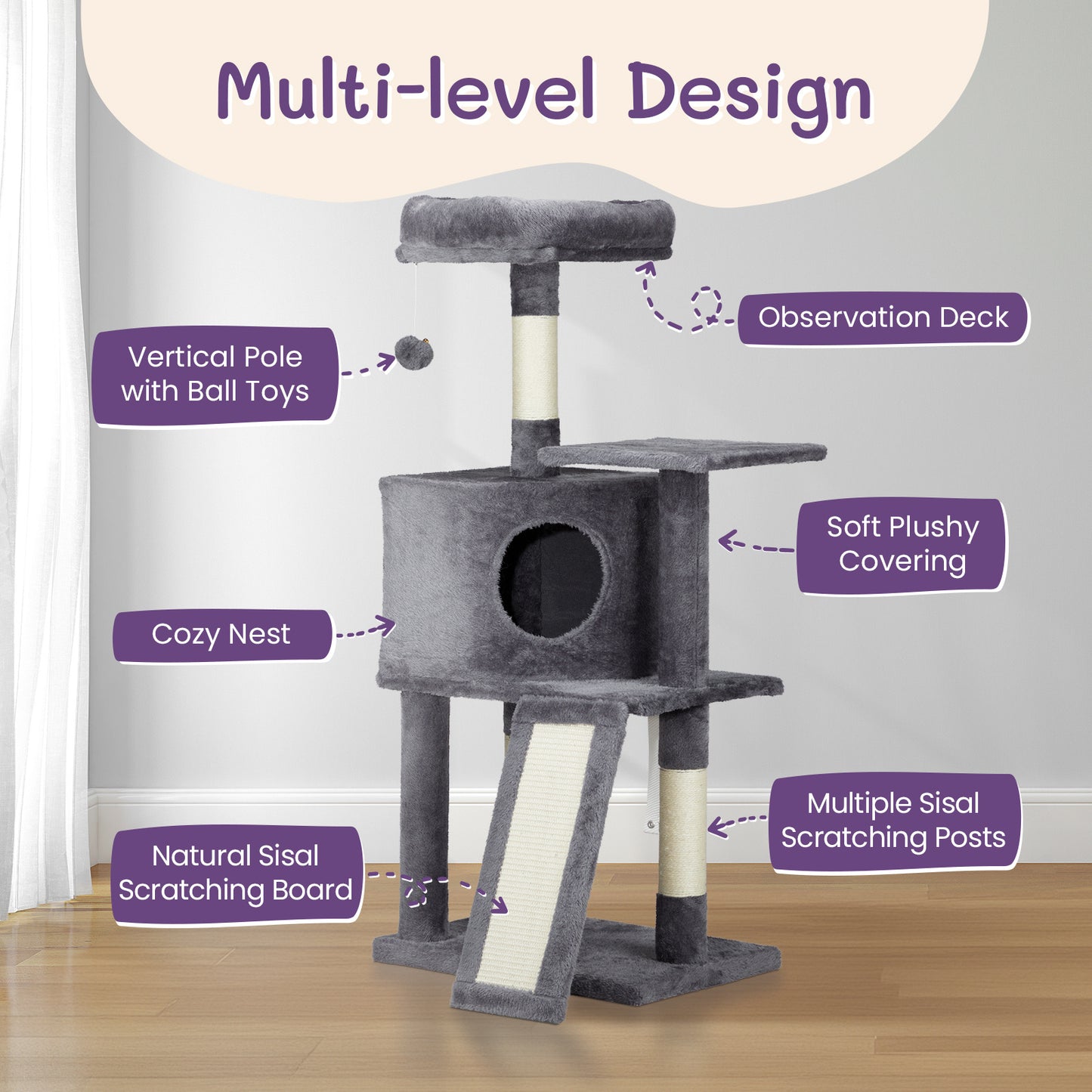 47inch Dark Grey Cat Scratcher Trapezoidal Cat House Cat Climbing Frame