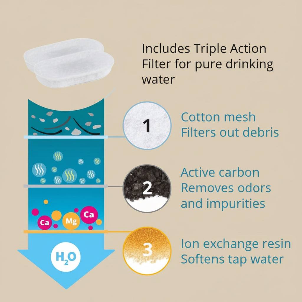 Diagram of a water filter with labeled components and text about its functions.