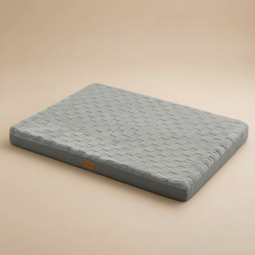 Gray orthopedic pet bed on a beige background.