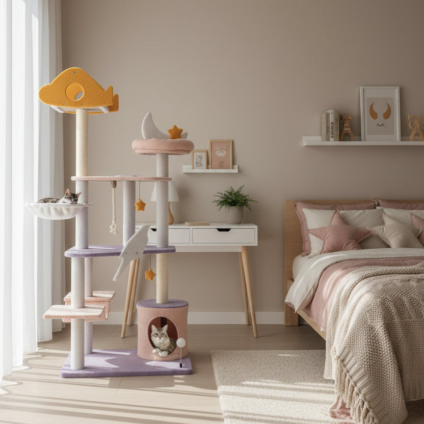 Multilevel cat tree with various platforms and toys in a your girls bedroom setting